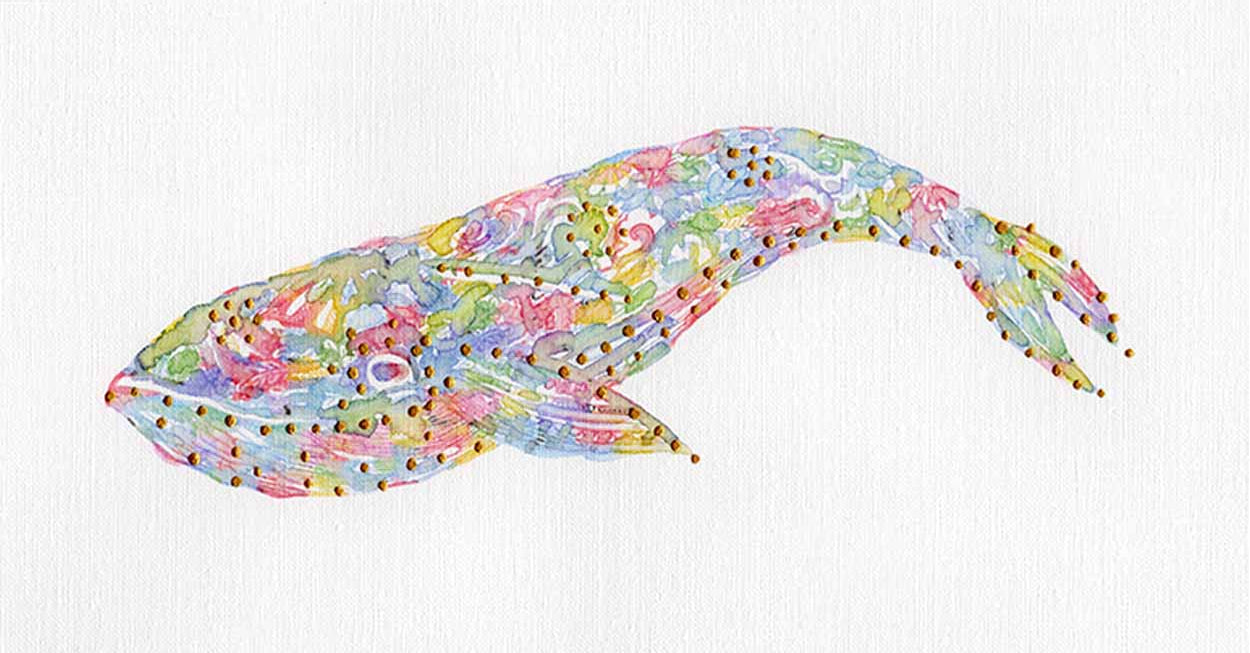 Colorful Whale: Coastal Watercolors No. 1, A one-of-a-kind abstract painting, 11 X 5.75, created in Watercolor with acrylic embelishment on off-white linen paper. Perfect for refined interiors, layered collections, or luxury home offices.
