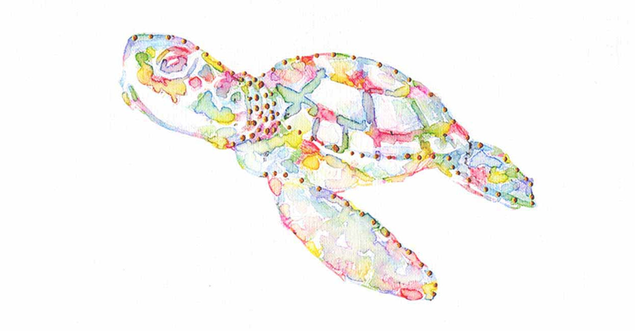 Colorful Sea Turtle: Coastal Watercolors No. 1, A one-of-a-kind abstract painting, 5.75X11, created in Watercolor with acrylic embelishment on off-white linen paper. Perfect for refined interiors, layered collections, or luxury home offices.