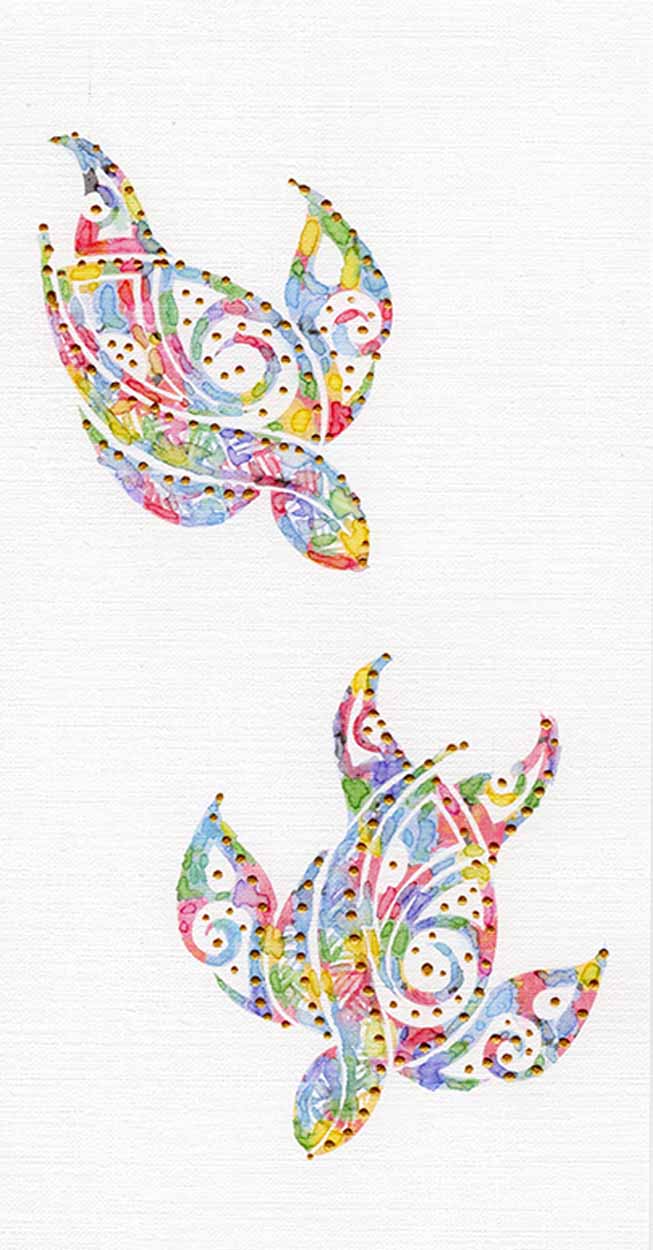 Dual Sea Turtles: Coastal Watercolors No. 1, one-of-a-kind abstract painting in Watercolor with acrylic embelishment on off-white linen paper, 5.75X11. Designed for refined interiors, layered collections, or luxury home offices.