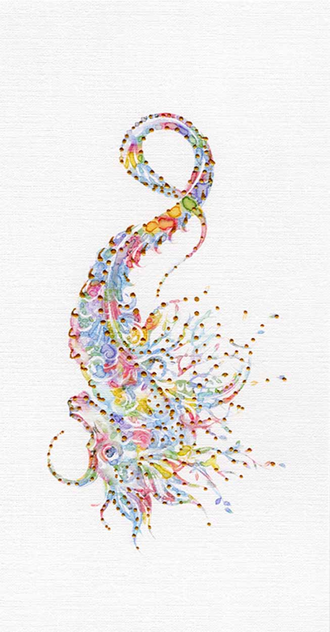 Colorful Seahorse: Coastal Watercolors No. 1, 5.75X11, crafted in Watercolor with acrylic embelishment on off-white linen paper. This one-of-a-kind abstract painting complements refined interiors, layered collections, or luxury home offices.