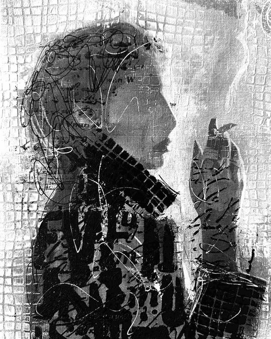 Crushed by the Gravity of Reality one-of-a-kind abstract painting in Acrylic, ink, and pencil on off-white linen paper, 8X10. Designed for refined interiors, layered collections, or luxury home offices.