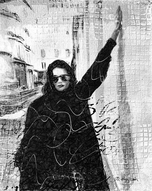 Delayed at the Station of Doubt one-of-a-kind abstract painting in Acrylic, ink, and pencil on off-white linen paper, 8X10. Designed for refined interiors, layered collections, or luxury home offices.