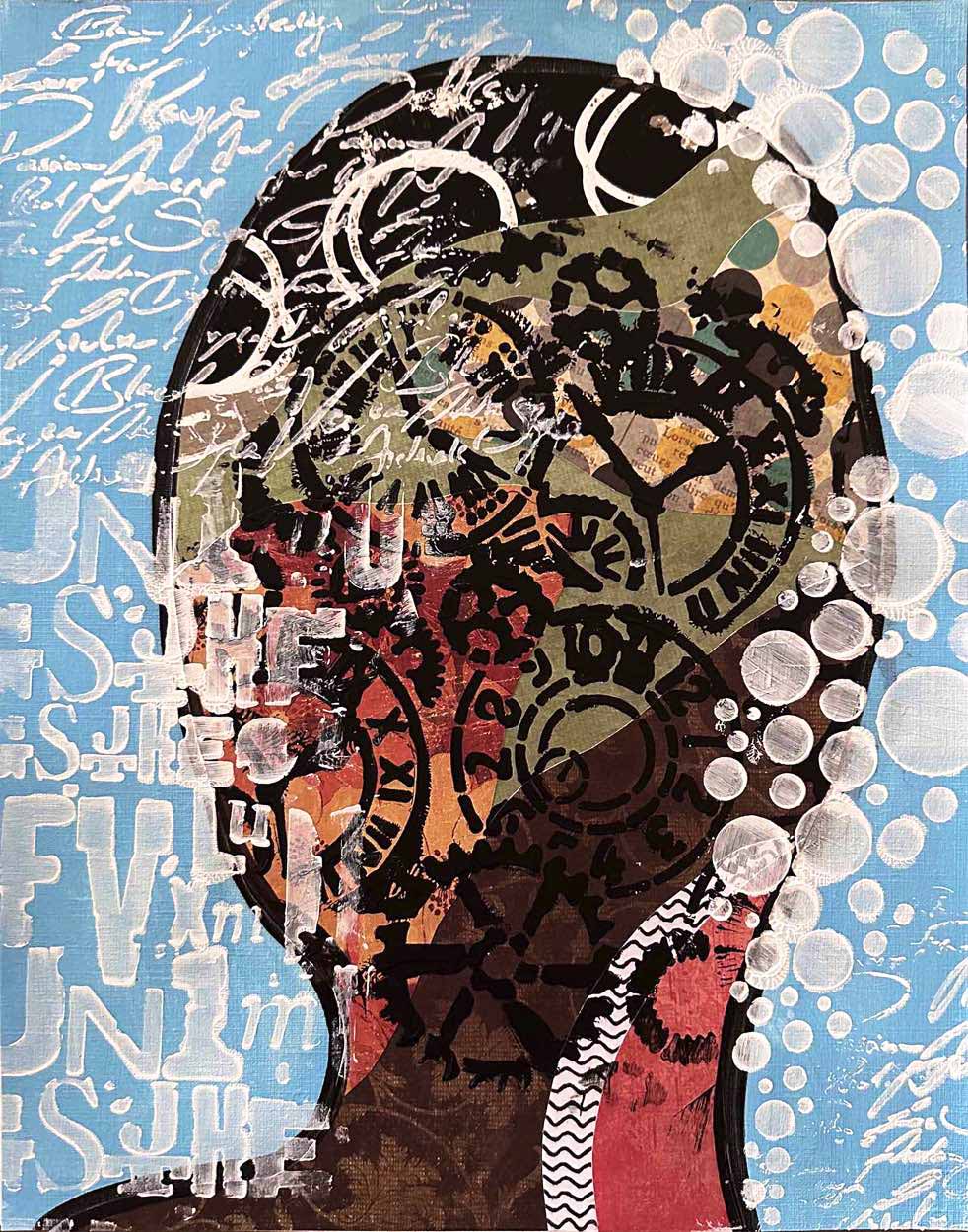 HEADSPACE- Blue, 11X14, crafted in Mixed Media abstract on off-white linen paper. This emotional portrait for contemporary decor complements statement art in bedrooms or quiet introspective spaces.