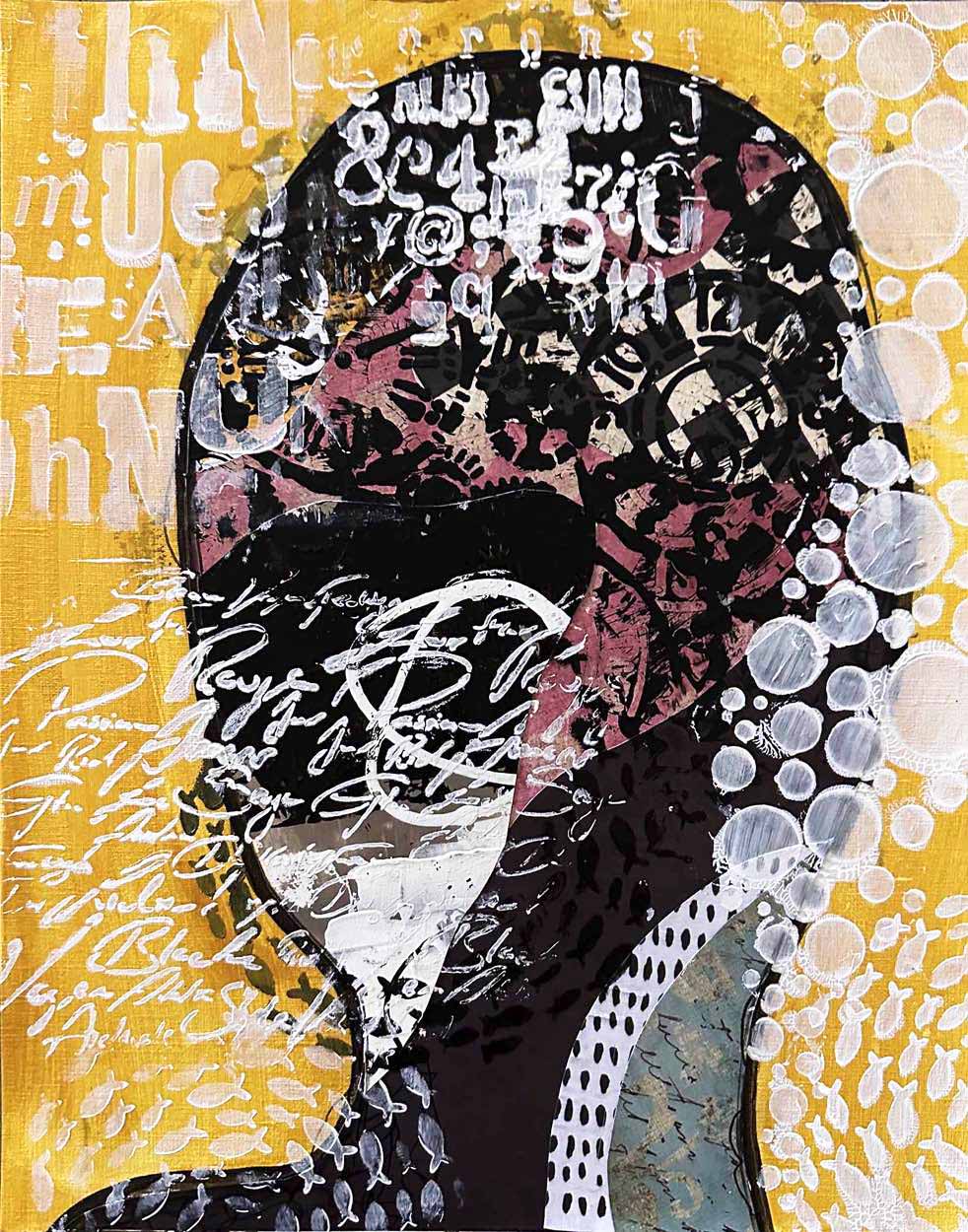 HEADSPACE- Gold 11X14 emotional portrait for contemporary decor, handmade using Mixed Media abstract on off-white linen paper. Beautiful in statement art in bedrooms or quiet introspective spaces.