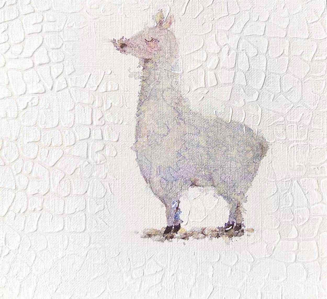 Llama Lars one-of-a-kind abstract painting in Watercolor with acrylic embelishment on off-white linen paper, 5X5. Designed for refined interiors, layered collections, or luxury home offices.
