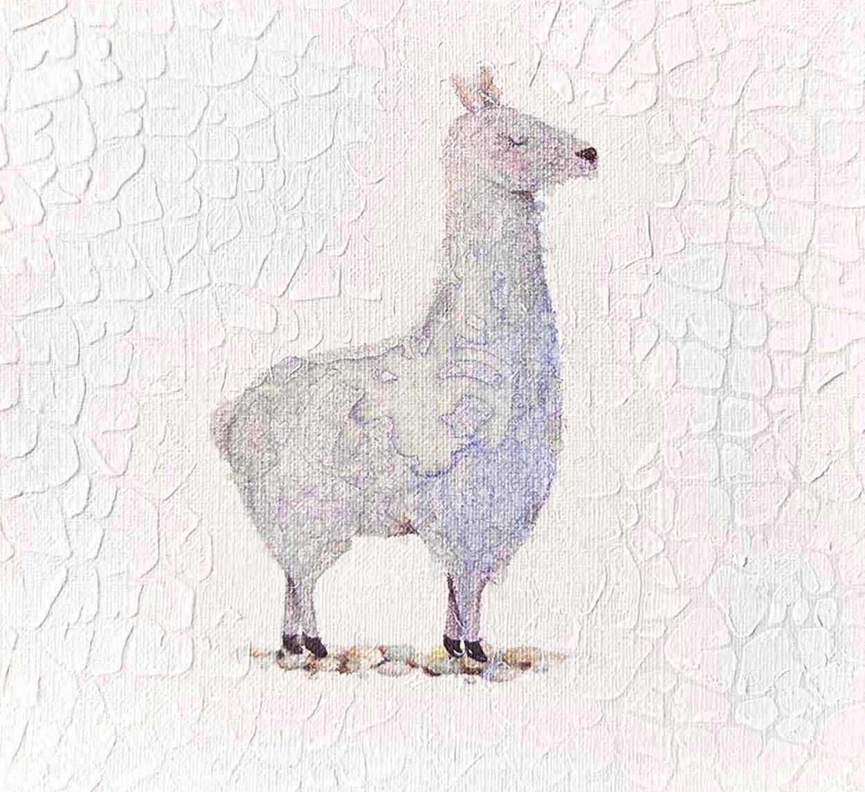 Llama Lou, one-of-a-kind abstract painting in Watercolor with acrylic embelishment on off-white linen paper, 5X5. Designed for refined interiors, layered collections, or luxury home offices.
