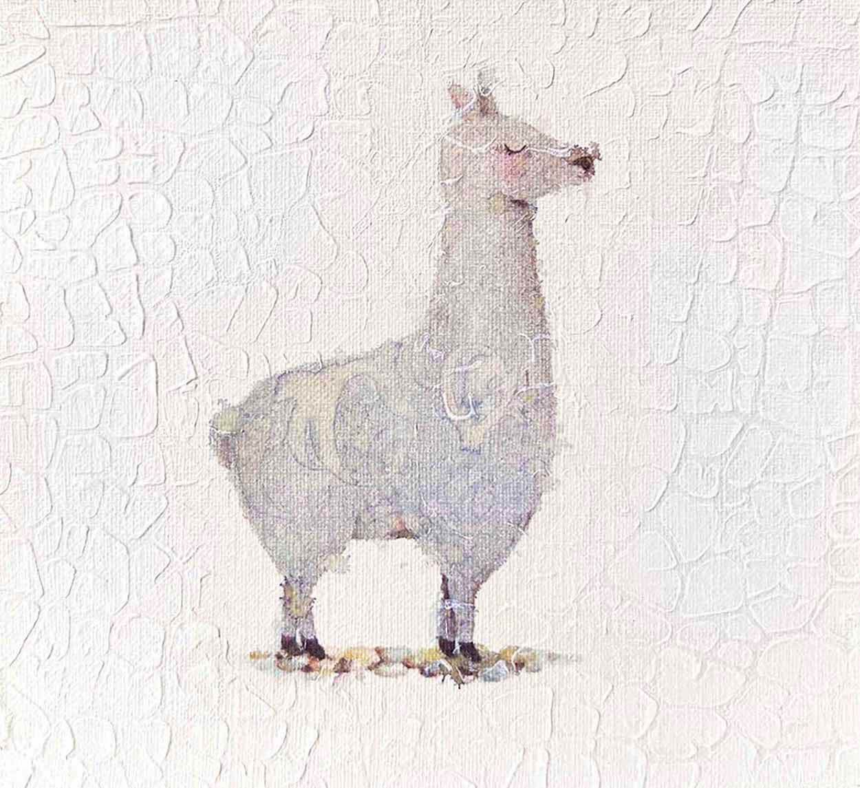 Llama Lou, 5X5, crafted in Watercolor with acrylic embelishment on off-white linen paper. This one-of-a-kind abstract painting complements refined interiors, layered collections, or luxury home offices.