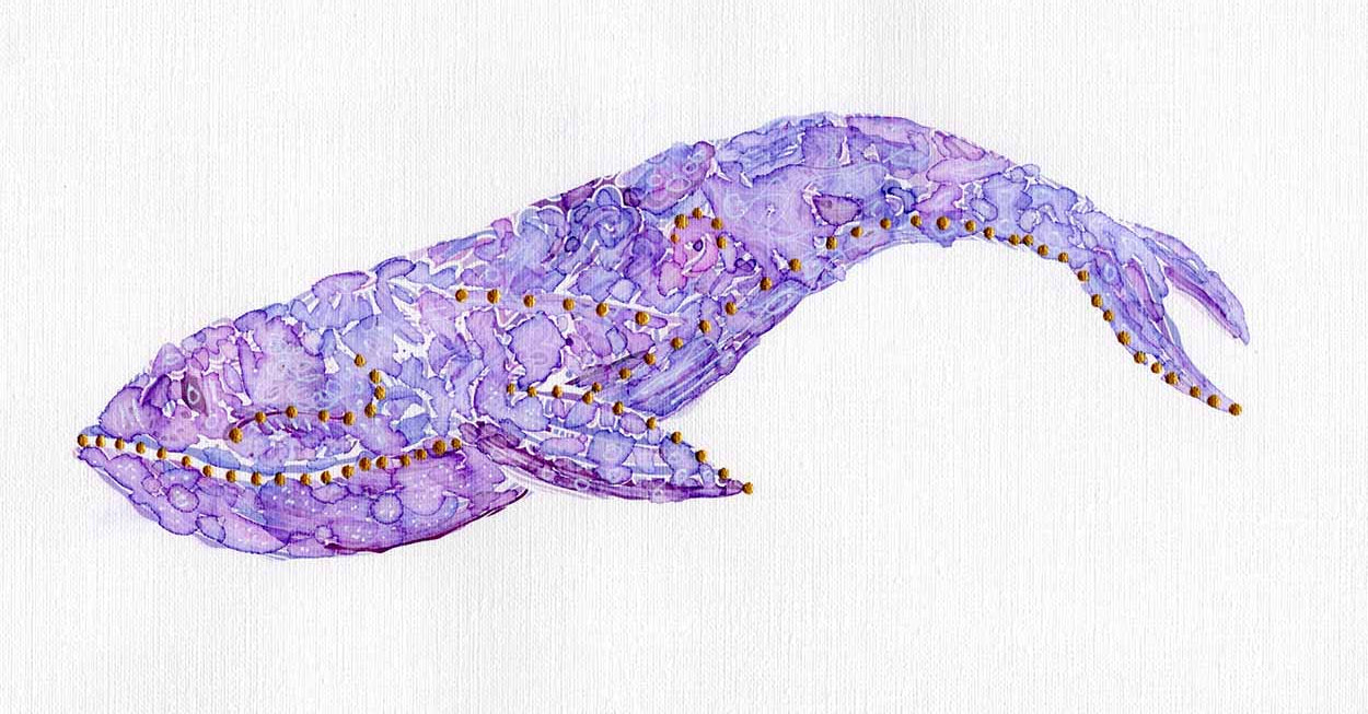 Purple Whale: Coastal Watercolors No. 1, 11 X 5.75 one-of-a-kind abstract painting, handmade using Watercolor with acrylic embelishment on off-white linen paper. Beautiful in refined interiors, layered collections, or luxury home offices.