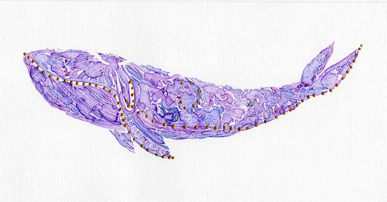 Purple Whale: Coastal Watercolors No. 2, 11 X 5.75 one-of-a-kind abstract painting, handmade using Watercolor with acrylic embelishment on off-white linen paper. Beautiful in refined interiors, layered collections, or luxury home offices.