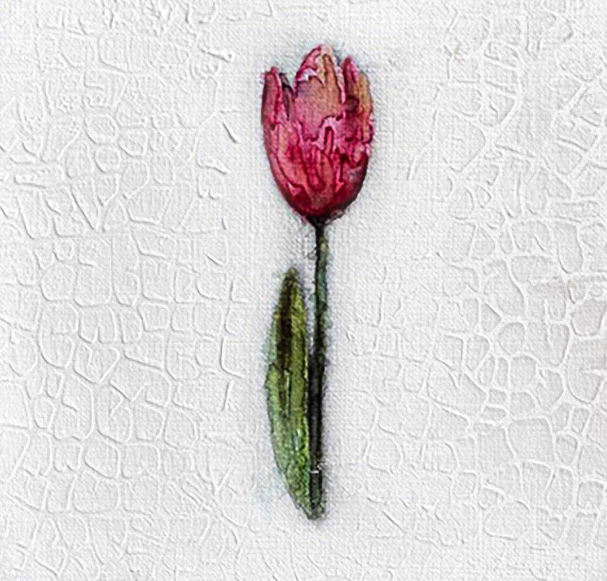 Floral Red Stem, 5X5 one-of-a-kind abstract painting, handmade using Watercolor with acrylic embelishment on off-white linen paper. Beautiful in refined interiors, layered collections, or luxury home offices.