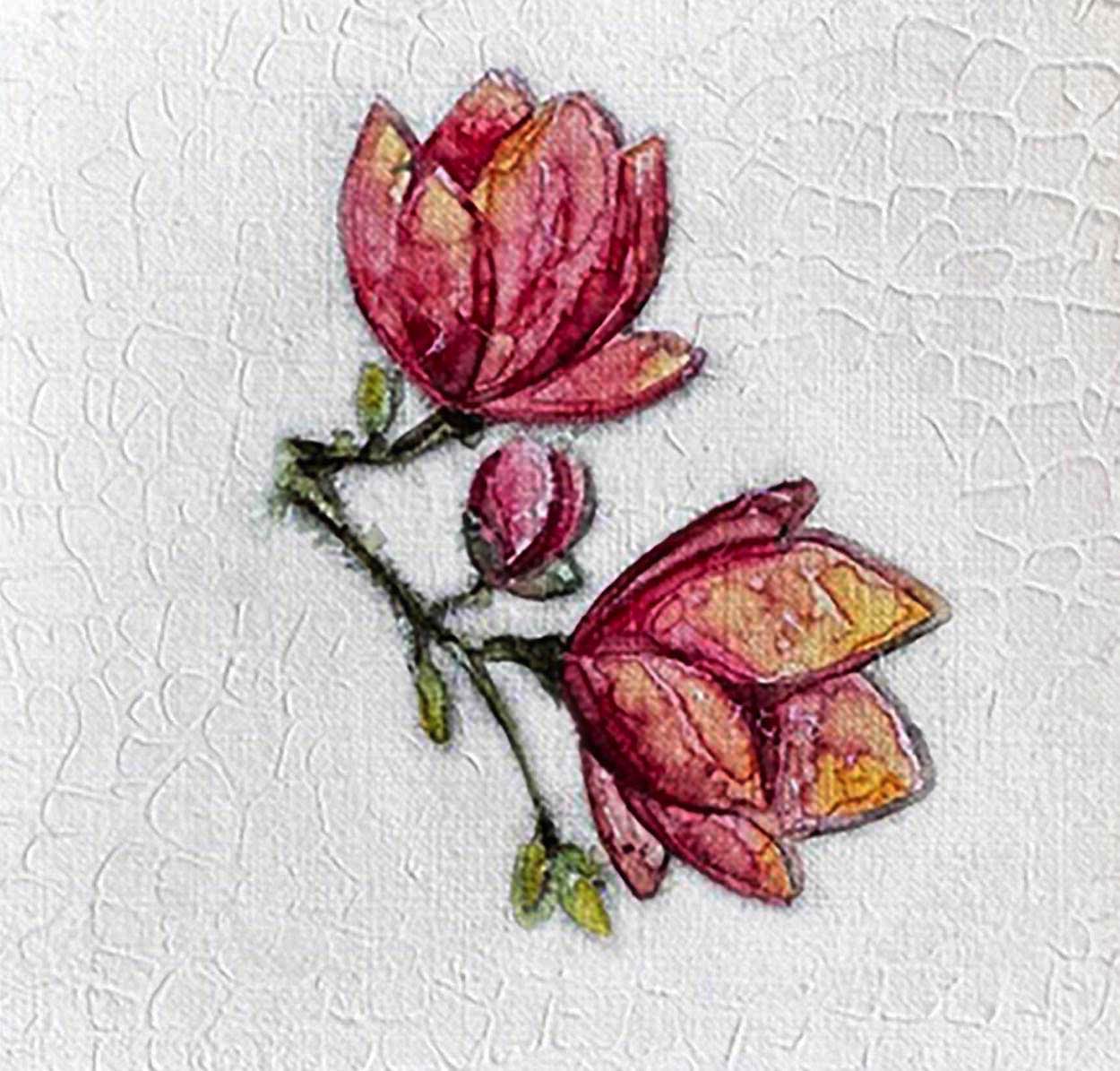 Red Flowers, Original one-of-a-kind abstract painting, 5X5, created with Watercolor with acrylic embelishment on off-white linen paper. Adds depth to refined interiors, layered collections, or luxury home offices.