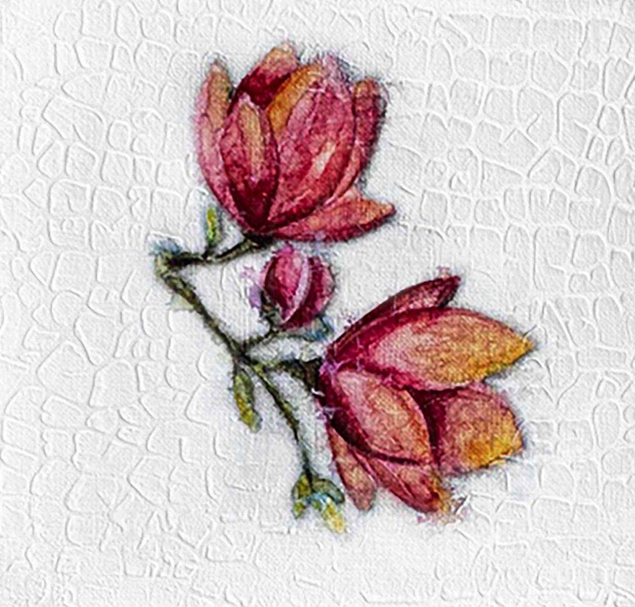 Red Flowers, one-of-a-kind abstract painting in Watercolor with acrylic embelishment on off-white linen paper, 5X5. Designed for refined interiors, layered collections, or luxury home offices.