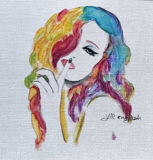 SHHH one-of-a-kind abstract painting in Watercolor with acrylic embelishment on off-white linen paper, 5.25X5.25. Designed for refined interiors, layered collections, or luxury home offices.