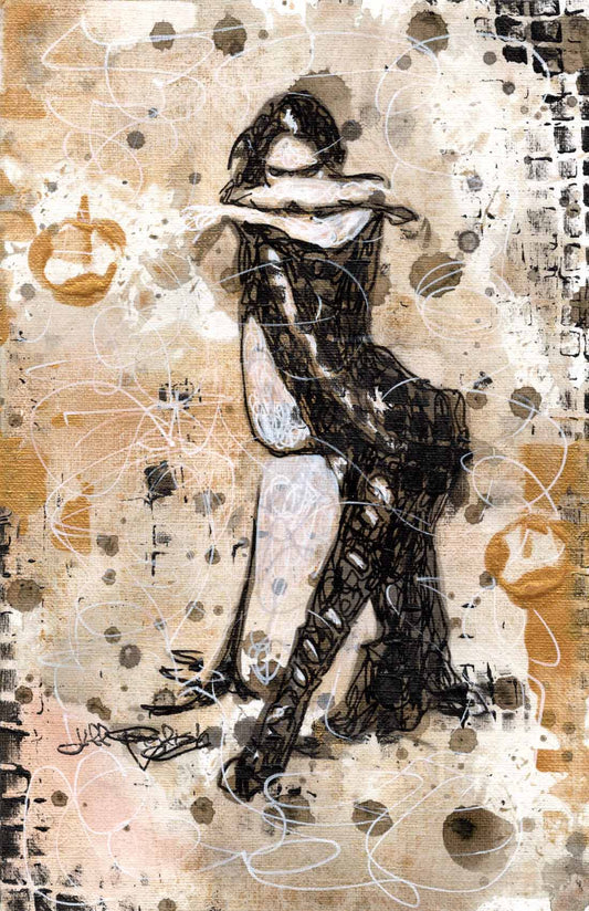 Ablaze with Fierce Passion: Go Bold With Gold Collection: A one-of-a-kind abstract painting, 5.5X8.5, created in Acrylic, ink, and pencil with heavy gold sheen on off-white linen paper. Perfect for refined interiors, layered collections, or luxury home offices.