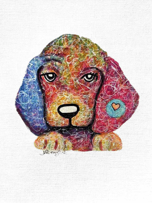 Dog Days- Beagle, 8X10, crafted in Watercolor with acrylic embelishment on off-white linen paper. This one-of-a-kind abstract painting complements refined interiors, layered collections, or luxury home offices.