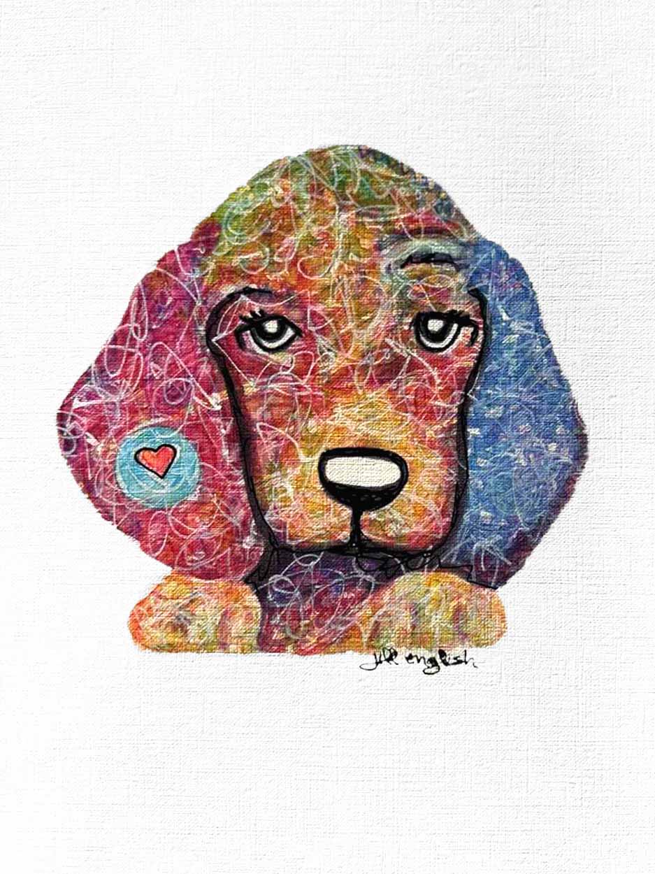Dog Days- Beagle, Original one-of-a-kind abstract painting, 8X10, created with Watercolor with acrylic embelishment on off-white linen paper. Adds depth to refined interiors, layered collections, or luxury home offices.