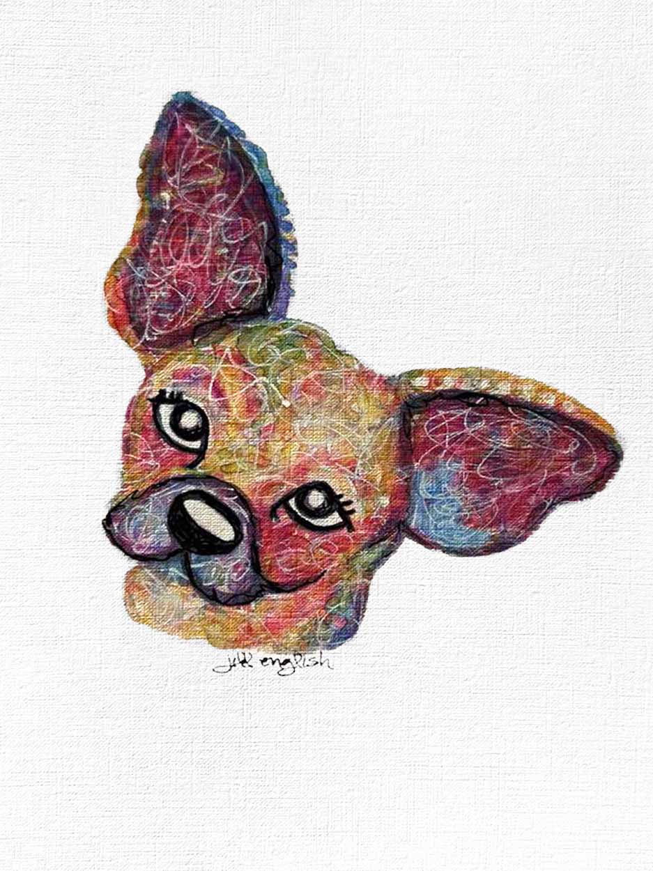 Dog Days- Chihuahua: A one-of-a-kind abstract painting, 8X10, created in Watercolor with acrylic embelishment on off-white linen paper. Perfect for refined interiors, layered collections, or luxury home offices.