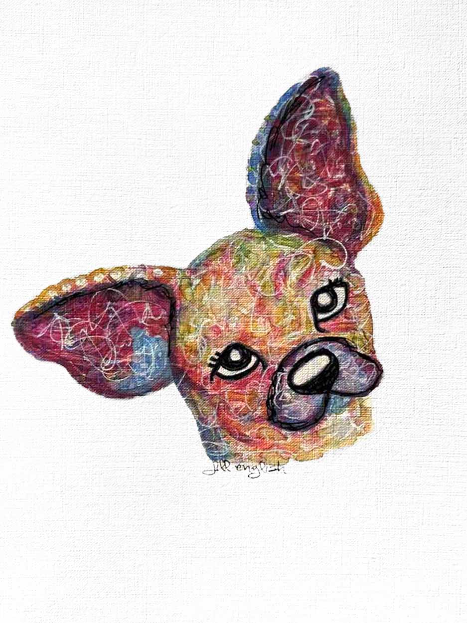 Dog Days- Chihuahua, Original one-of-a-kind abstract painting, 8X10, created with Watercolor with acrylic embelishment on off-white linen paper. Adds depth to refined interiors, layered collections, or luxury home offices.