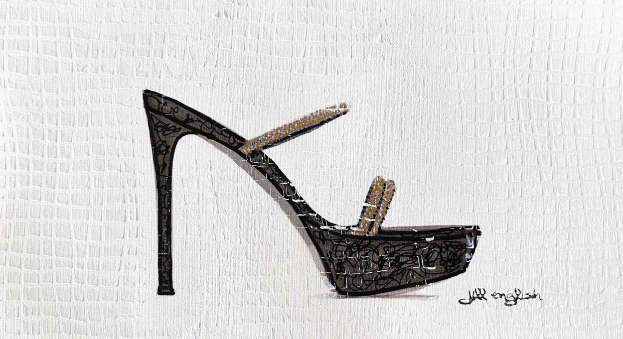 Haute Heels- Platform Sandal: Original one-of-a-kind abstract painting, 11X6, created with nan. Adds depth to refined interiors, layered collections, or luxury home offices.