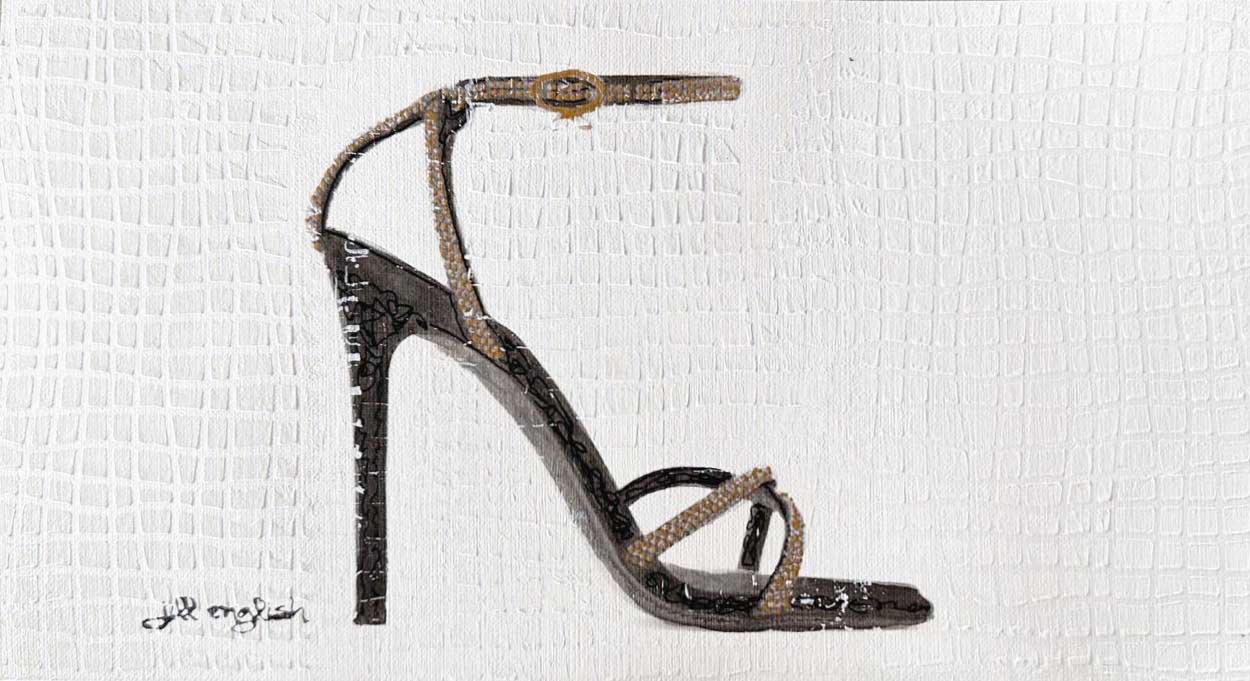 Haute Heels- Strappy Sandal, 11X6, crafted in Acrylic, ink, and pencil on off-white linen paper. This one-of-a-kind abstract painting complements refined interiors, layered collections, or luxury home offices.