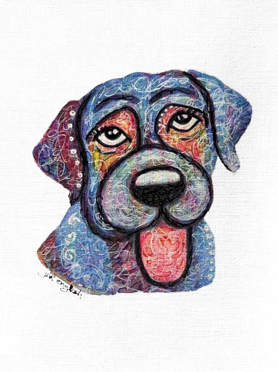 Dog Days- Labrador: A one-of-a-kind abstract painting, 8X10, created in Watercolor with acrylic embelishment on off-white linen paper. Perfect for refined interiors, layered collections, or luxury home offices.