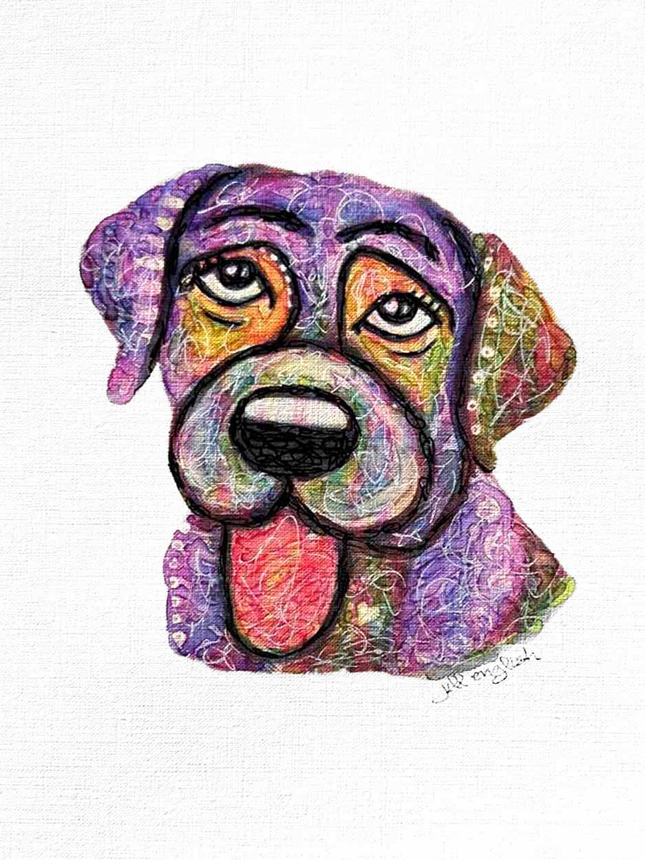 Dog Days- Labrador, Original one-of-a-kind abstract painting, 8X10, created with Watercolor with acrylic embelishment on off-white linen paper. Adds depth to refined interiors, layered collections, or luxury home offices.