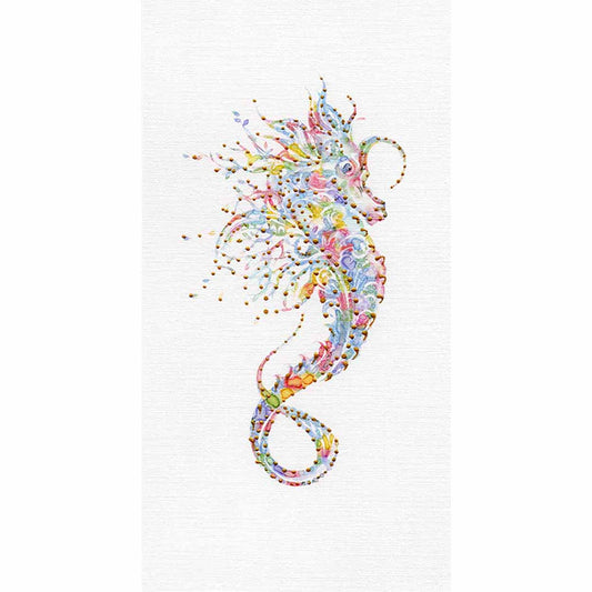 Colorful Seahorse: Coastal Watercolors No. 1: Original one-of-a-kind abstract painting, 5.75X11, created with Watercolor with acrylic embelishment on off-white linen paper. Adds depth to refined interiors, layered collections, or luxury home offices.