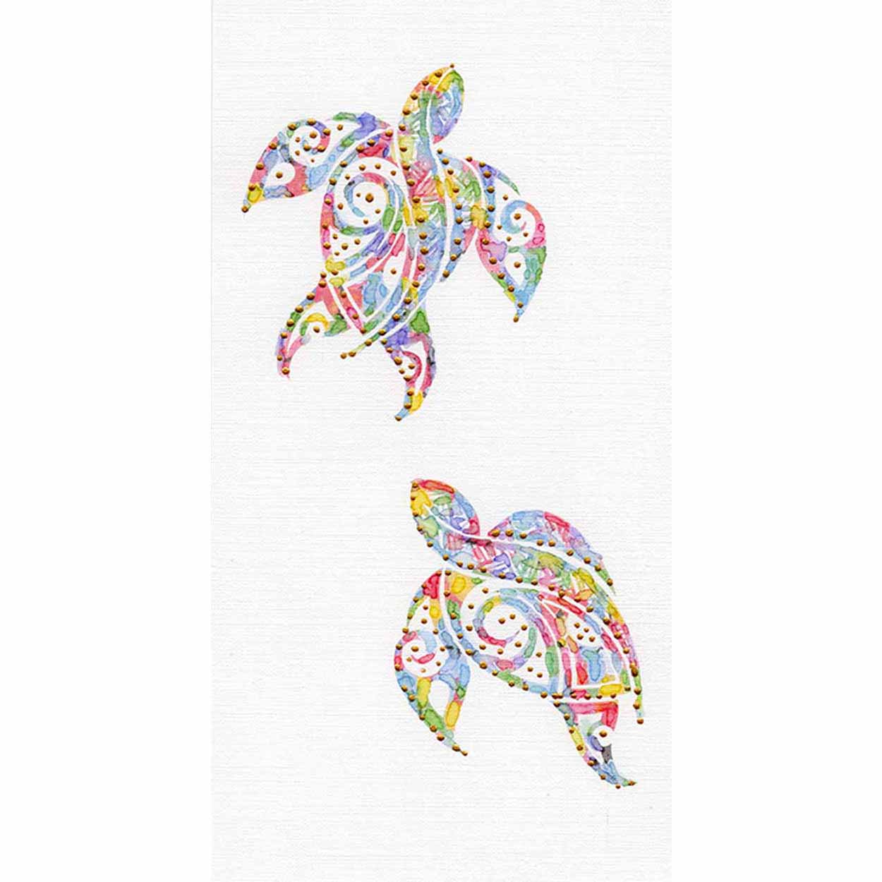 Dual Sea Turtles: Coastal Watercolors No. 1 one-of-a-kind abstract painting in Watercolor with acrylic embelishment on off-white linen paper, 5.75X11. Designed for refined interiors, layered collections, or luxury home offices.