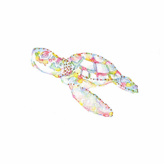 Colorful Sea Turtle: Coastal Watercolors No. 1, 5.75X11, crafted in Watercolor with acrylic embelishment on off-white linen paper. This one-of-a-kind abstract painting complements refined interiors, layered collections, or luxury home offices.