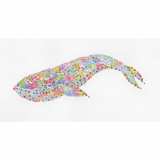 Colorful Whale: Coastal Watercolors No. 1: Original one-of-a-kind abstract painting, 11 X 5.75, created with Watercolor with acrylic embelishment on off-white linen paper. Adds depth to refined interiors, layered collections, or luxury home offices.