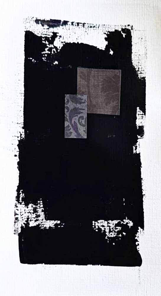 DécorLuxe No. 18, DcorLuxe No. 18, 5.75 X 11, crafted in Mixed Media, Acrylic, paper on off-white linen paper. This one-of-a-kind abstract painting complements refined interiors, layered collections, or luxury home offices.