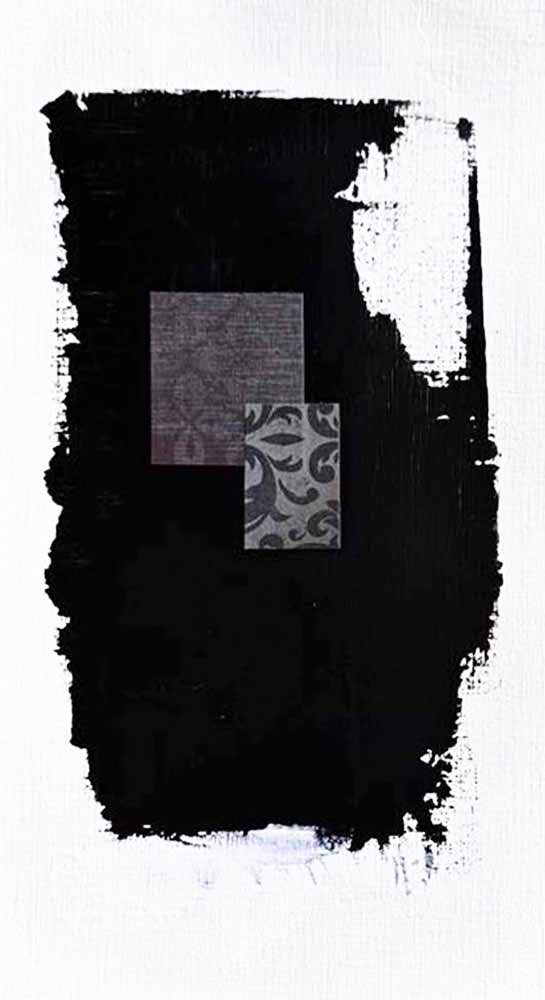 DécorLuxe No. 7, DcorLuxe No. 7, 5.75 X 11, crafted in Mixed Media, Acrylic, paper on off-white linen paper. This one-of-a-kind abstract painting complements refined interiors, layered collections, or luxury home offices.