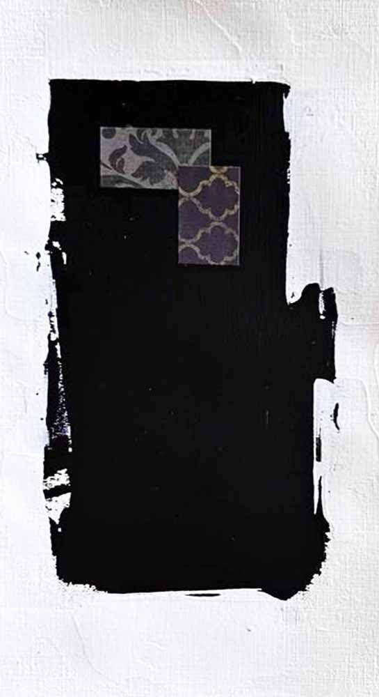 DécorLuxe No. 5, DcorLuxe No. 5, 5.75 X 11, crafted in Mixed Media, Acrylic, paper on off-white linen paper. This one-of-a-kind abstract painting complements refined interiors, layered collections, or luxury home offices.