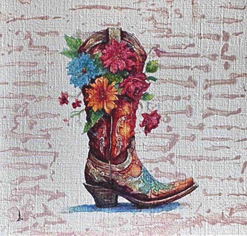 Petal Spurs No. 10: A Western floral boot illustration, 5X5, created in Watercolor with acrylic embelishment on off-white linen paper. Perfect for rustic modern interiors or country-inspired nursery art.
