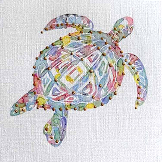 Seaturtle 8: Mini Watercolor: A one-of-a-kind abstract painting, 5X5, created in Watercolor with acrylic embelishment on off-white linen paper. Perfect for refined interiors, layered collections, or luxury home offices.