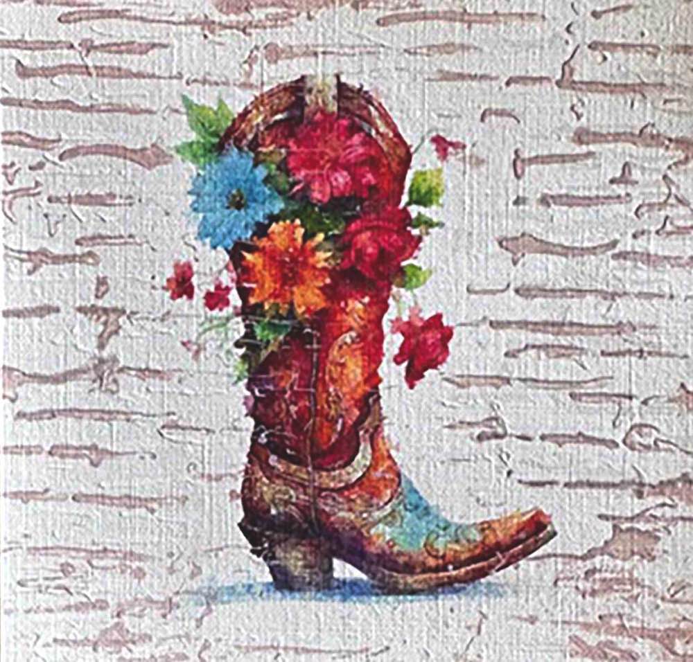 Petal Spurs No. 12 5X5 Western floral boot illustration, handmade using Watercolor with acrylic embelishment on off-white linen paper. Beautiful in rustic modern interiors or country-inspired nursery art.