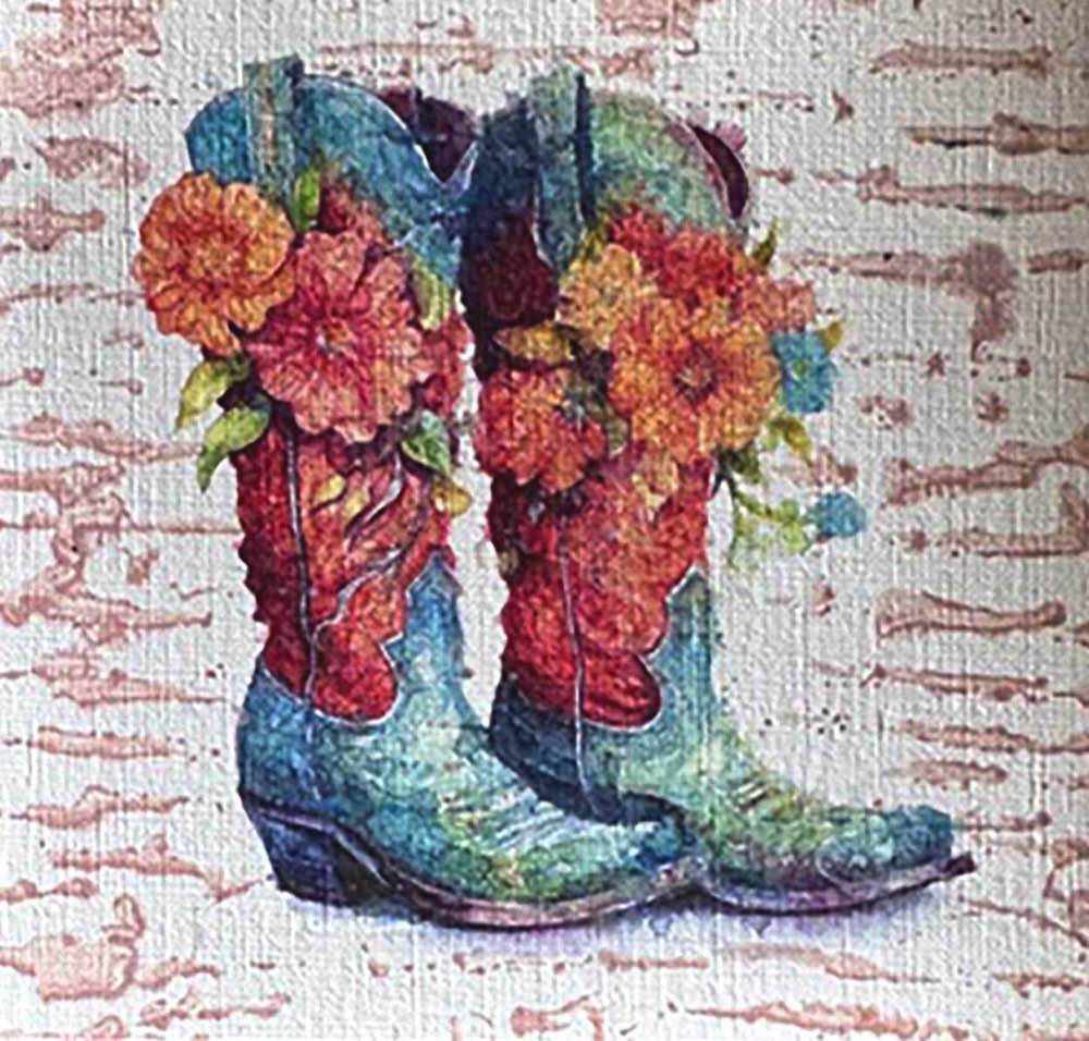 Petal Spurs No. 17: Original Western floral boot illustration, 5X5, created with Watercolor with acrylic embelishment on off-white linen paper. Adds depth to rustic modern interiors or country-inspired nursery art.