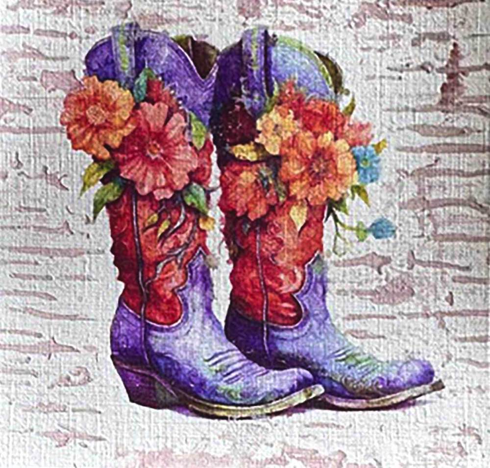 Petal Spurs No. 19: Original Western floral boot illustration, 5X5, created with Watercolor with acrylic embelishment on off-white linen paper. Adds depth to rustic modern interiors or country-inspired nursery art.