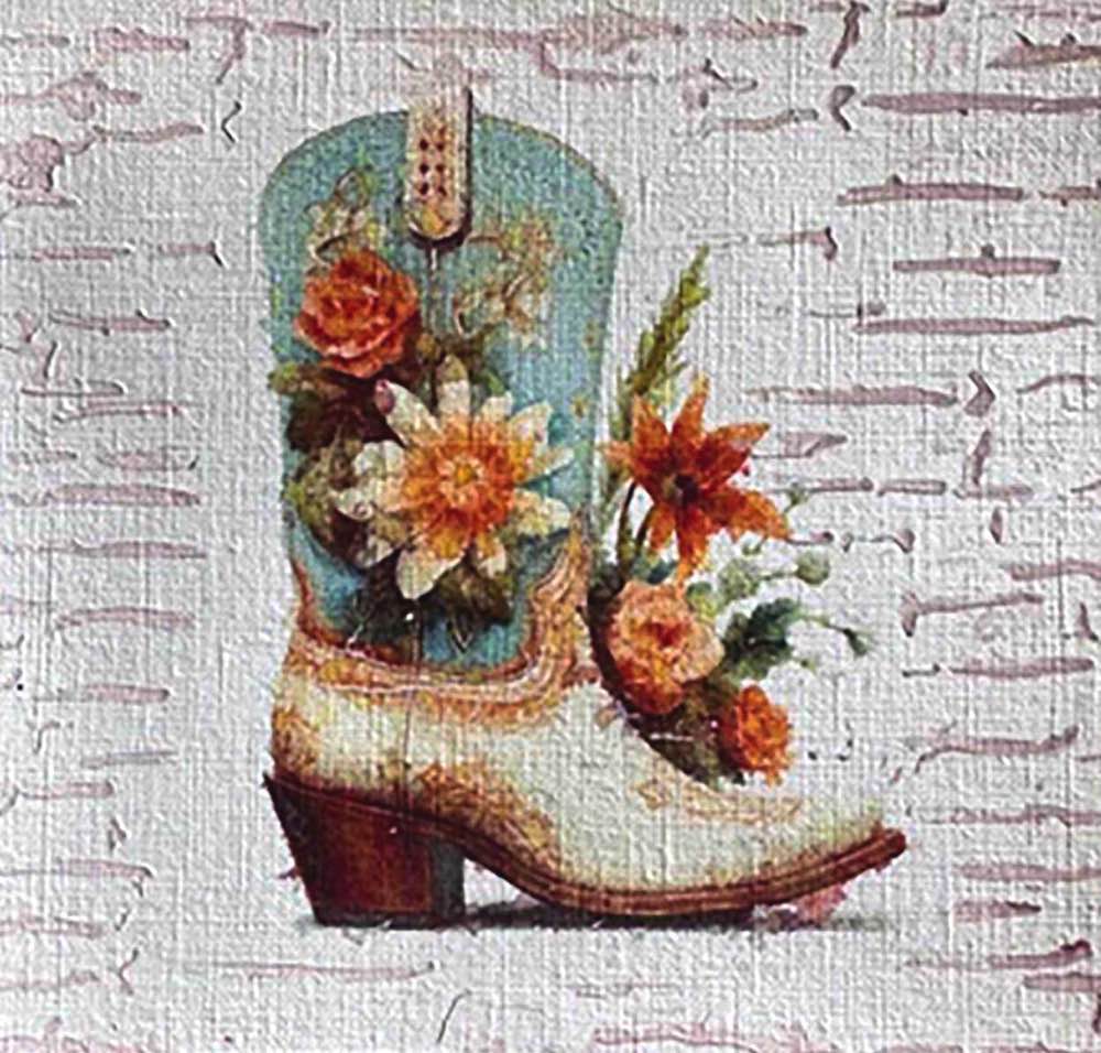 Petal Spurs No. 2, 5X5, crafted in Watercolor with acrylic embelishment on off-white linen paper. This Western floral boot illustration complements rustic modern interiors or country-inspired nursery art.