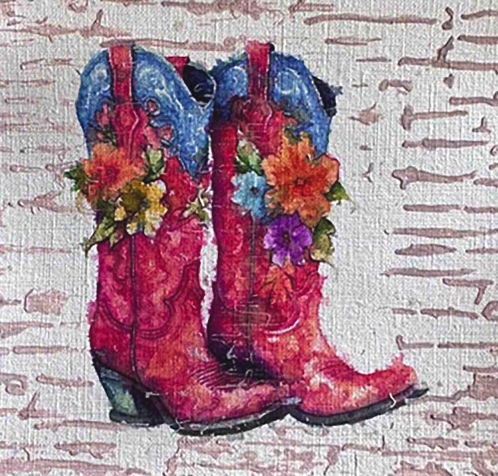 Petal Spurs No. 20 5X5 Western floral boot illustration, handmade using Watercolor with acrylic embelishment on off-white linen paper. Beautiful in rustic modern interiors or country-inspired nursery art.