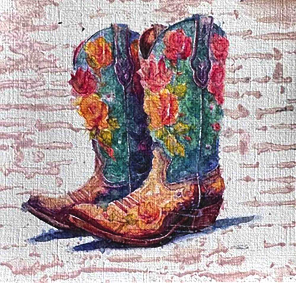 Petal Spurs No. 22 Western floral boot illustration in Watercolor with acrylic embelishment on off-white linen paper, 5X5. Designed for rustic modern interiors or country-inspired nursery art.