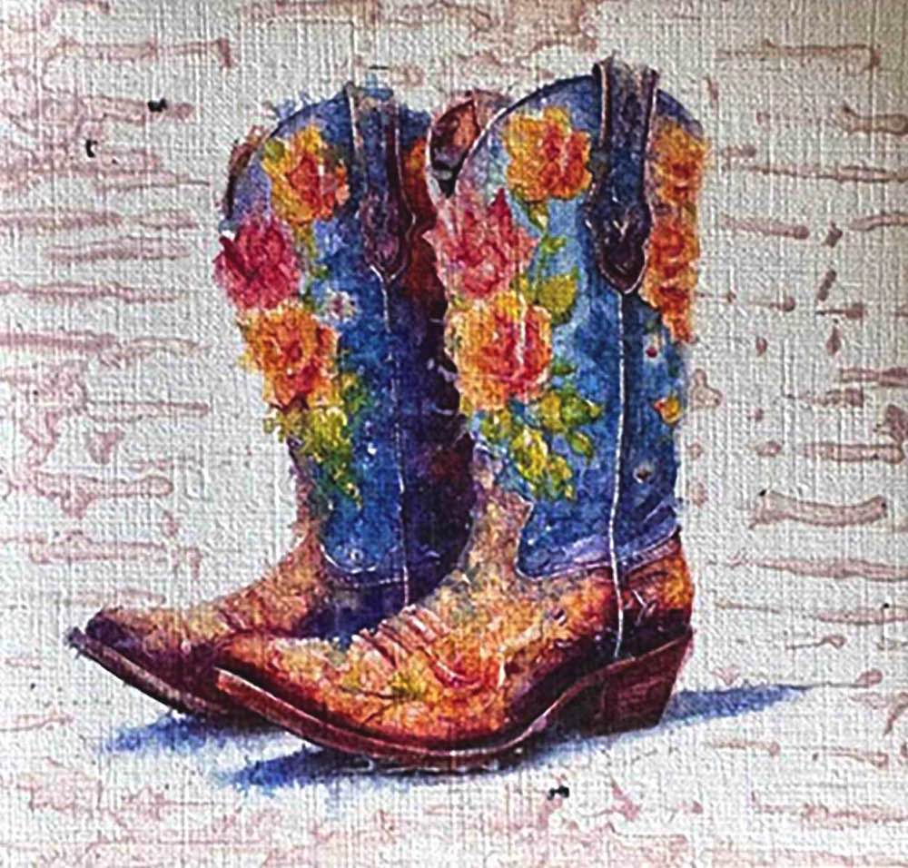 Petal Spurs No. 23, 5X5, crafted in Watercolor with acrylic embelishment on off-white linen paper. This Western floral boot illustration complements rustic modern interiors or country-inspired nursery art.