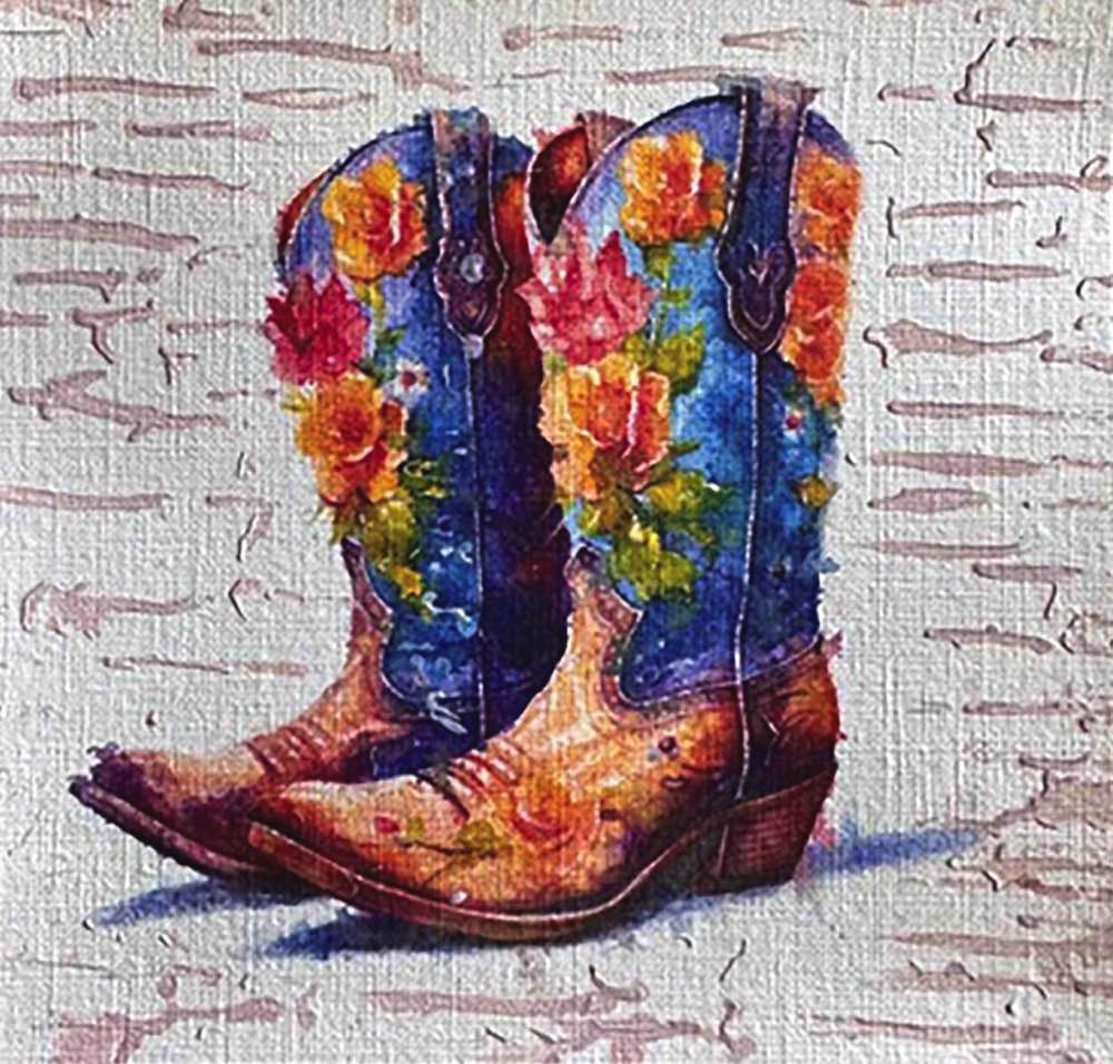 Petal Spurs No. 24: A Western floral boot illustration, 5X5, created in Watercolor with acrylic embelishment on off-white linen paper. Perfect for rustic modern interiors or country-inspired nursery art.