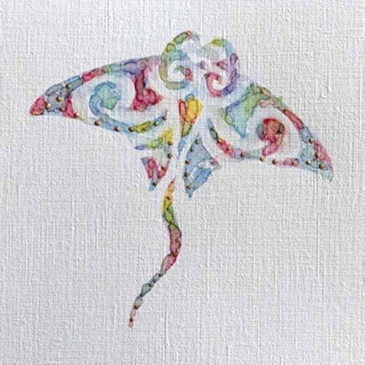 Stingray 2: Mini Watercolor: Original one-of-a-kind abstract painting, 5X5, created with Watercolor with acrylic embelishment on off-white linen paper. Adds depth to refined interiors, layered collections, or luxury home offices.
