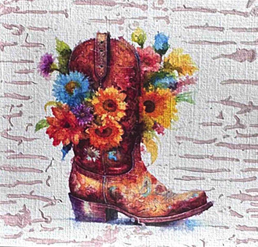 Petal Spurs No. 5 5X5 Western floral boot illustration, handmade using Watercolor with acrylic embelishment on off-white linen paper. Beautiful in rustic modern interiors or country-inspired nursery art.