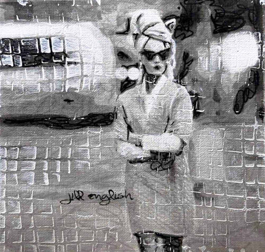 Rocking the Runway of Liberation: Original one-of-a-kind abstract painting, 5X5, created with Acrylic, ink, and pencil on off-white linen paper. Adds depth to refined interiors, layered collections, or luxury home offices.