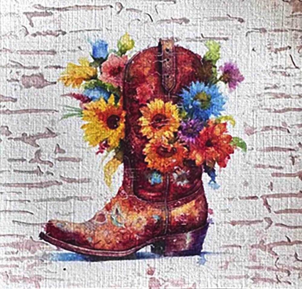 Petal Spurs No. 6, 5X5, crafted in Watercolor with acrylic embelishment on off-white linen paper. This Western floral boot illustration complements rustic modern interiors or country-inspired nursery art.