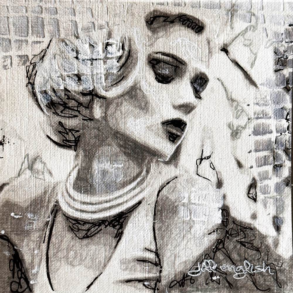 Walking the Path of Resilience, one-of-a-kind abstract painting in Acrylic, ink, and pencil on off-white linen paper, 5X5. Designed for refined interiors, layered collections, or luxury home offices.