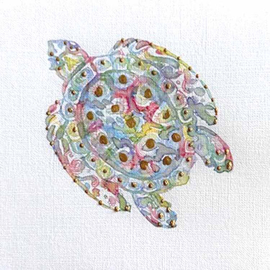 Seaturtle 4: Mini Watercolor: A one-of-a-kind abstract painting, 5X5, created in Watercolor with acrylic embelishment on off-white linen paper. Perfect for refined interiors, layered collections, or luxury home offices.