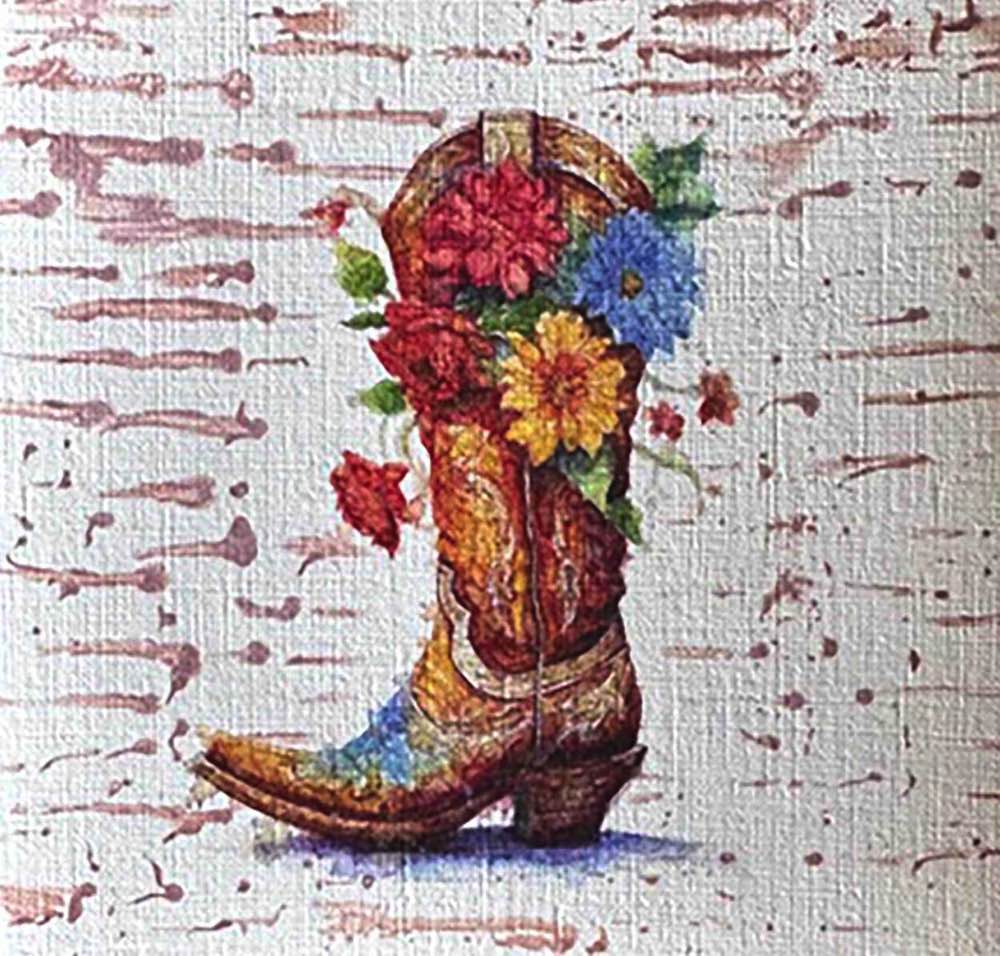 Petal Spurs No. 8 5X5 Western floral boot illustration, handmade using Watercolor with acrylic embelishment on off-white linen paper. Beautiful in rustic modern interiors or country-inspired nursery art.